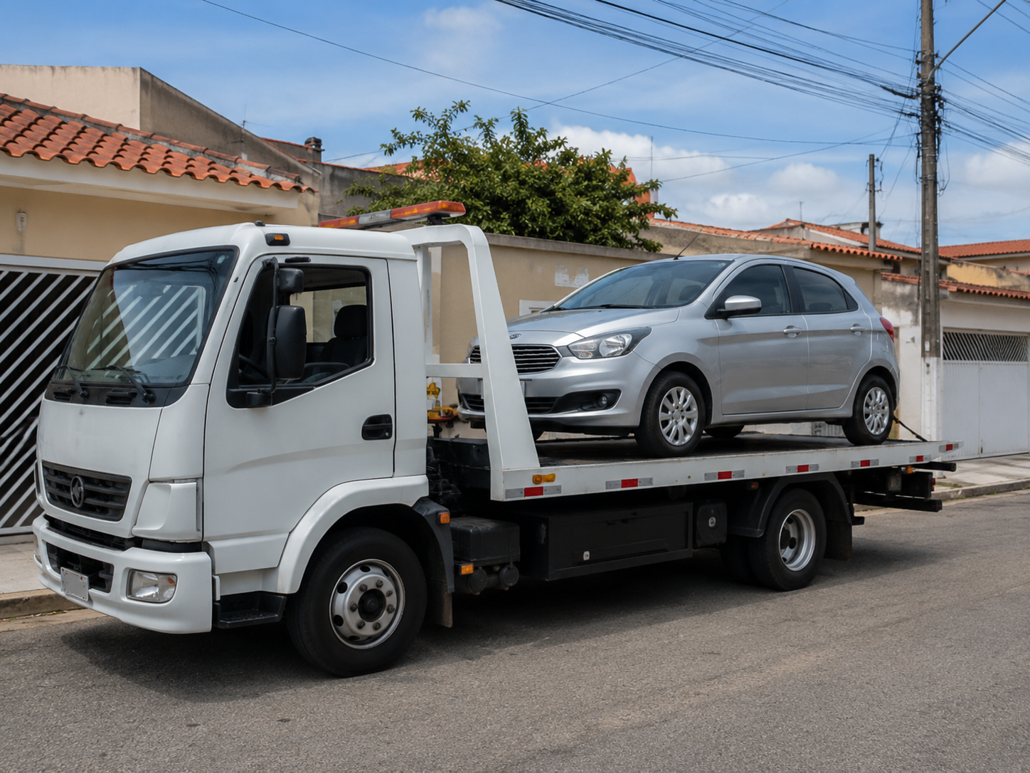 Carro sendo transportado por um caminhão-guincho